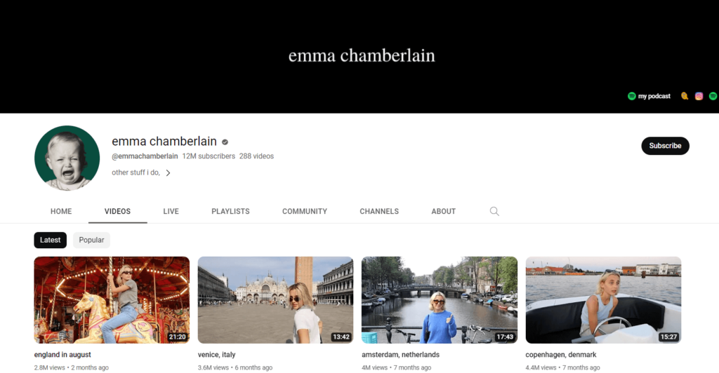 Emma Chamberlain: A 20-year-old YouTuber with over 11 million subscribers who creates lifestyle and vlog content