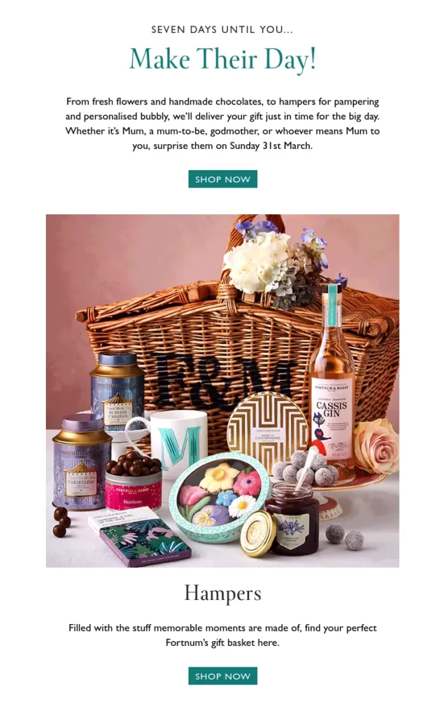Fortnum & Mason's Mother's Day email encourages subscribers to treat whomever means "Mum" to them, including all mother figures